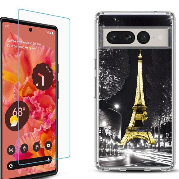 Shockproof Bumper Phone Case for Google Pixel 7, with Tempered Glass Screen Protector, by OneToughShield ® - Paris Night
