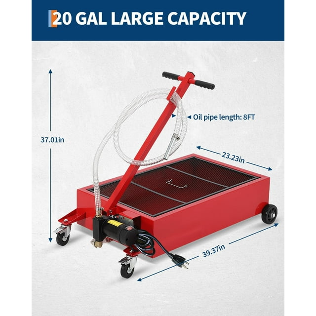 AKDSteel Low Profile Rolling Waste Oil Drain Pan, Portable Oil Change Cart with Folding Handle and Hose for Trucks, RVs & Buses