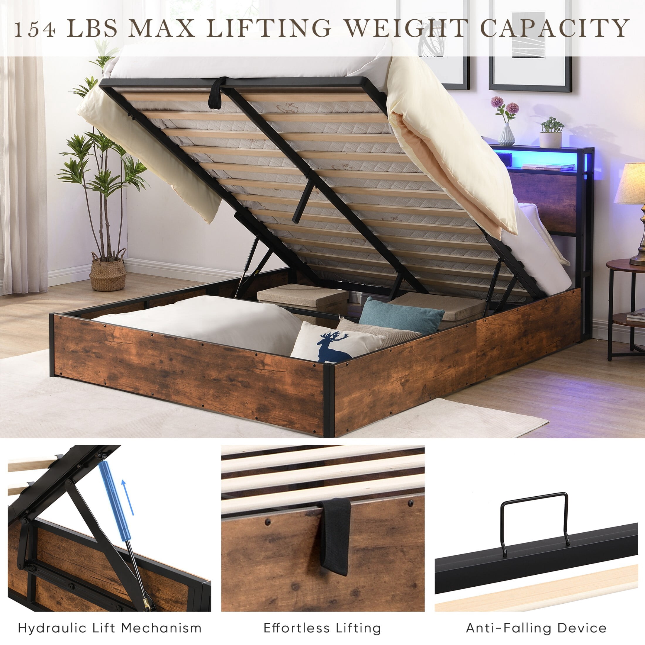 AENKYO Lift-up Storage Bed Full Size Bed Frame with LED Lights, Platform Bed Frame with Charging Station, Rustic Brown
