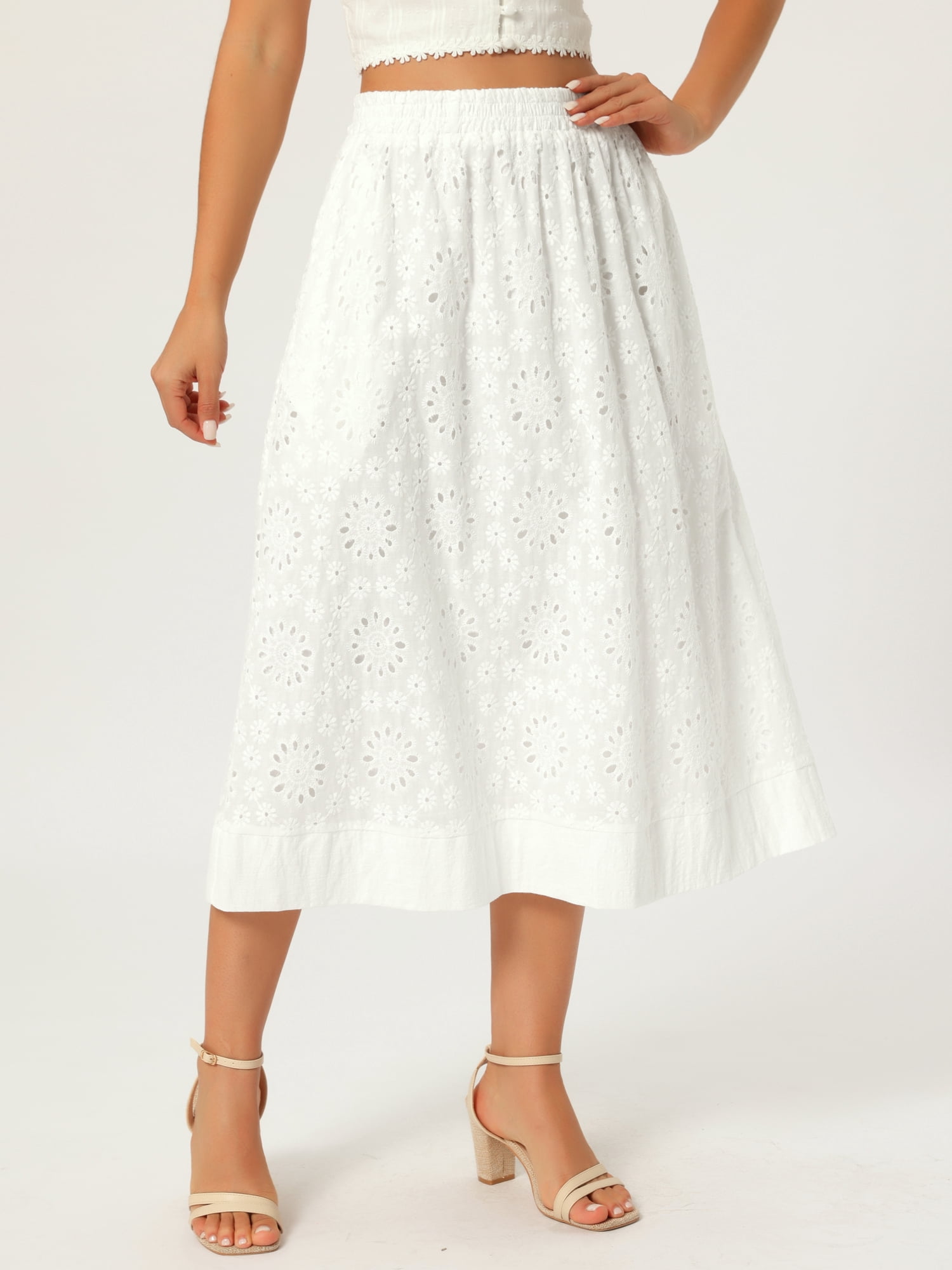 DARING DIVA Women's Eyelet Boho Skirt Elastic A-Line Midi Skirts Small White