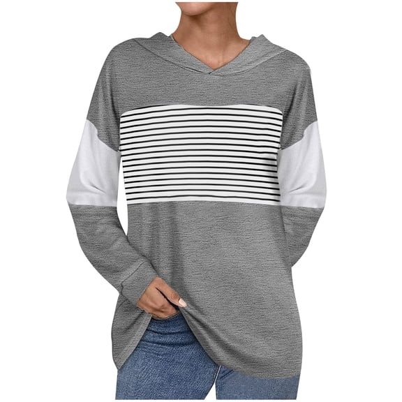 gakvbuo Fall Pullover Tunic Shirts For Women Women Casual Fall Long Sleeve Hoodie Stripe Splicing Hooded Sweatshirts Pullover Coat Tops