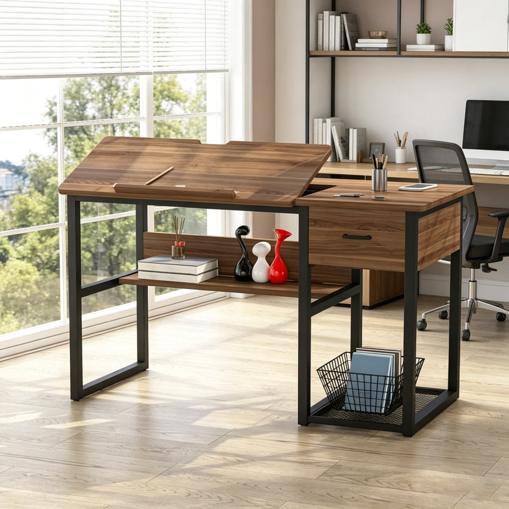 Adjustable Drafting Table with Drawer & Shelves, Tilting Desktop Art Craft Desk, Metal Frame Particle Board Workstation 250 lbs Capacity for Home Office