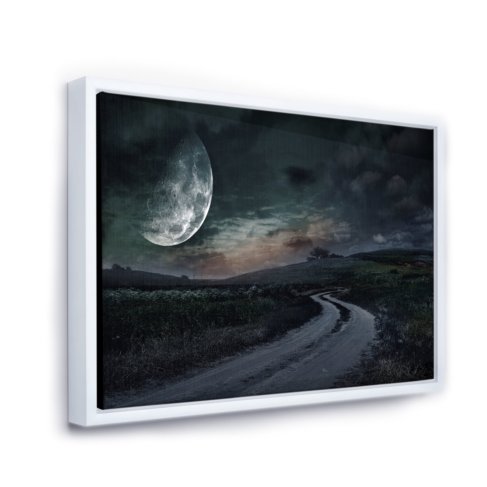 Designart 'The Meadow Under Full Moon With Rural Road Through ' Nautical & Coastal Framed Canvas Wall Art Print