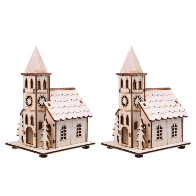 Miangastore 2Pcs Church Modeling Adornment Luminous Xmas Ornament Home Desktop Decor Khaki