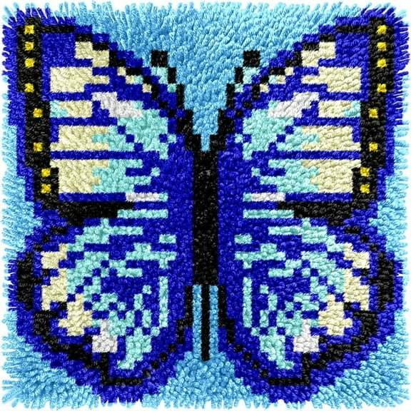 Small Size Mini Blue Butterfly Latch Hook Kits Rug DIY Cushion Tapestry Making Crochet Hook Mat Making Kits Color Preprinted Pattern Canvas DIY Carpet Needlework Crochet Cushion Kits 30x30cm