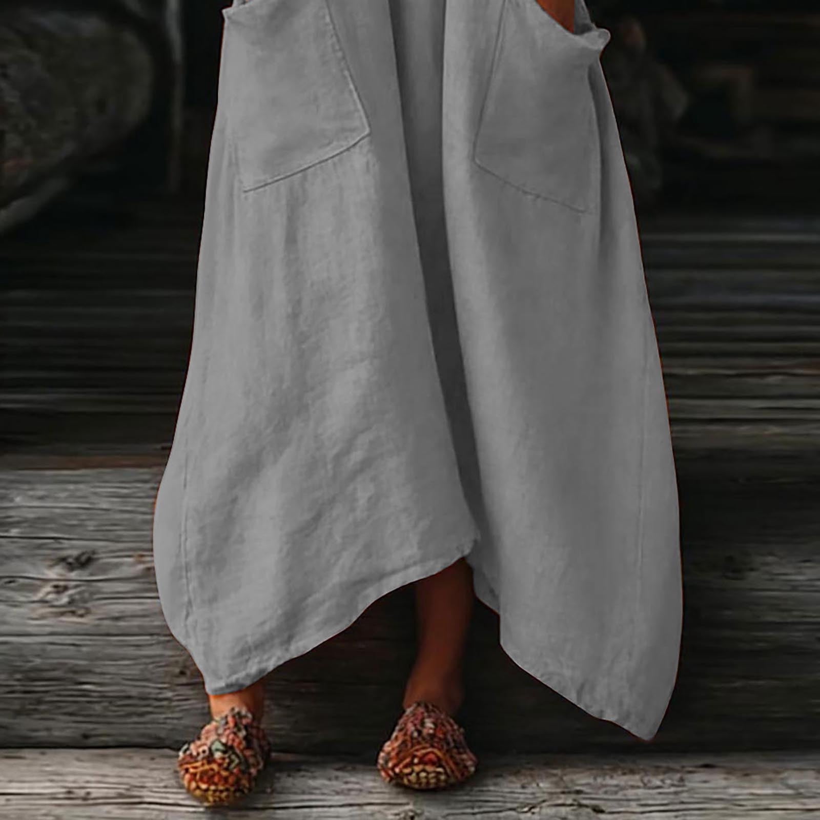 Dresses for Women, Womens Casual Loose Cotton Linen Long Shirt Dress, V-Neck Cuffed Sleeve Side Split Dresses with Pockets