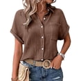 thumbnail image 4 of Yigetop Short Sleeve Button Up Women, Womens Short Sleeve Summer Shirts Batwing Sleeve Pocket Patched Shirt Collared Tops Dressy Casual V Neck Blouses Button Up Shirts Women Coffee S, 4 of 9