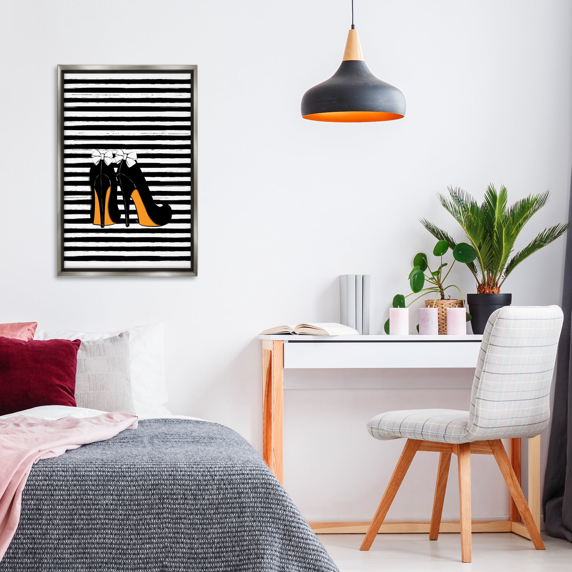 Stupell Industries Bow Heels on Stripes Beauty & Fashion Painting Gray Floater Framed Art Print Wall Art, 21 x 31