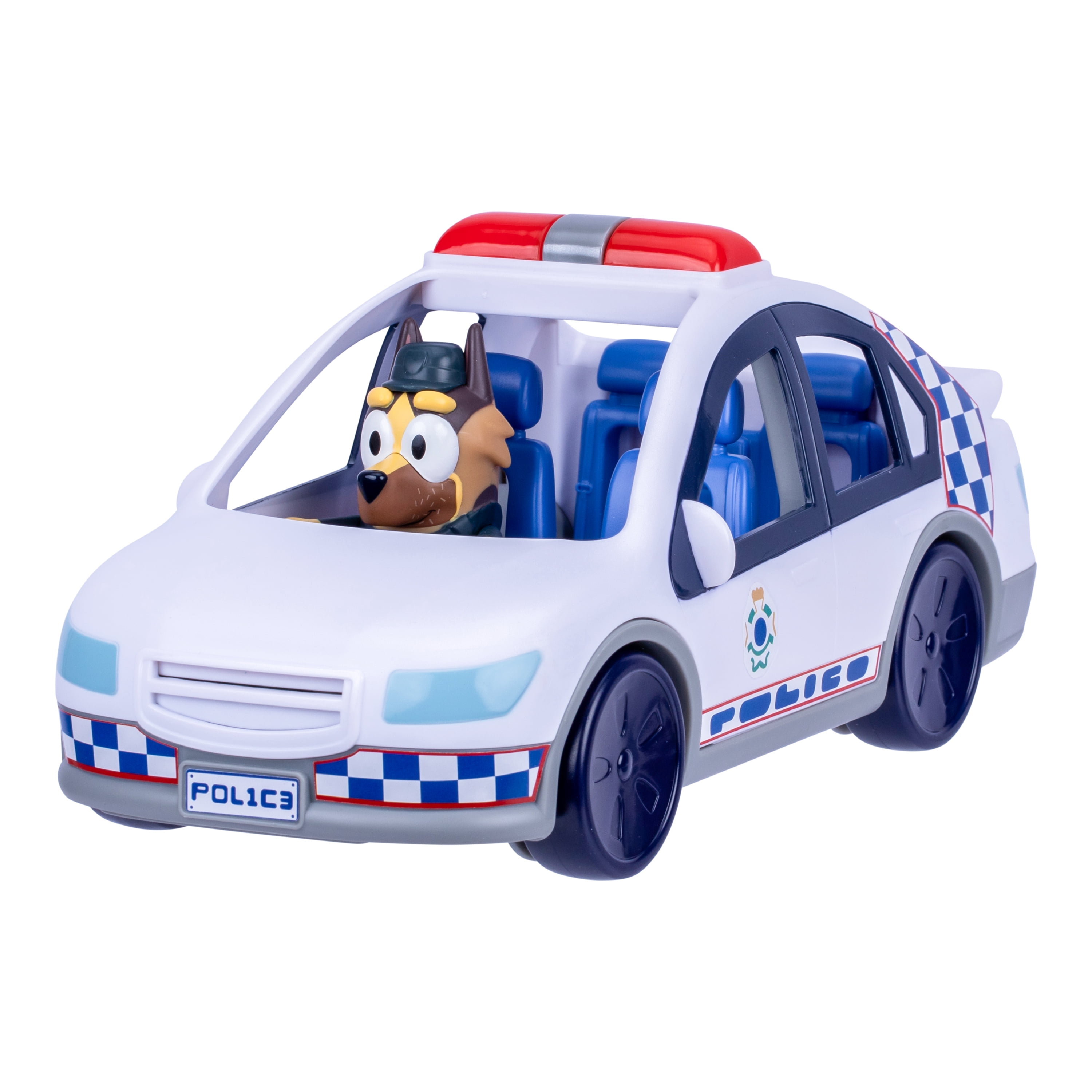 Bluey Police Car with Flashing Lights & Sounds, Policeman Figure, and Themed Sticker Set, from the Special Episode "The Sign". Batteries Incl. Ages 3+