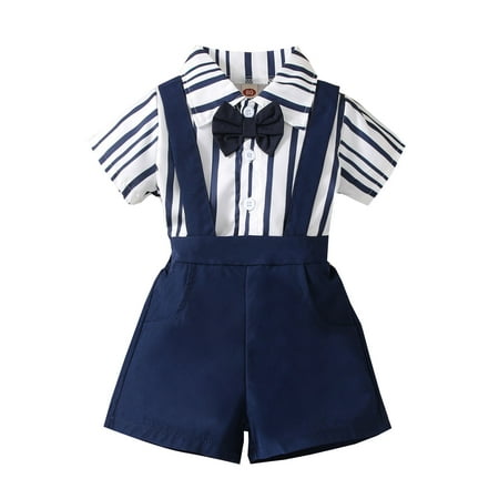 

Qufokar Baby Boy Cute Outfits Easter Outfit for Boys Toddler Boys Short Sleeve Striped Prints T Shirt Tops Suspenders Shorts Kids Gentleman Outfits