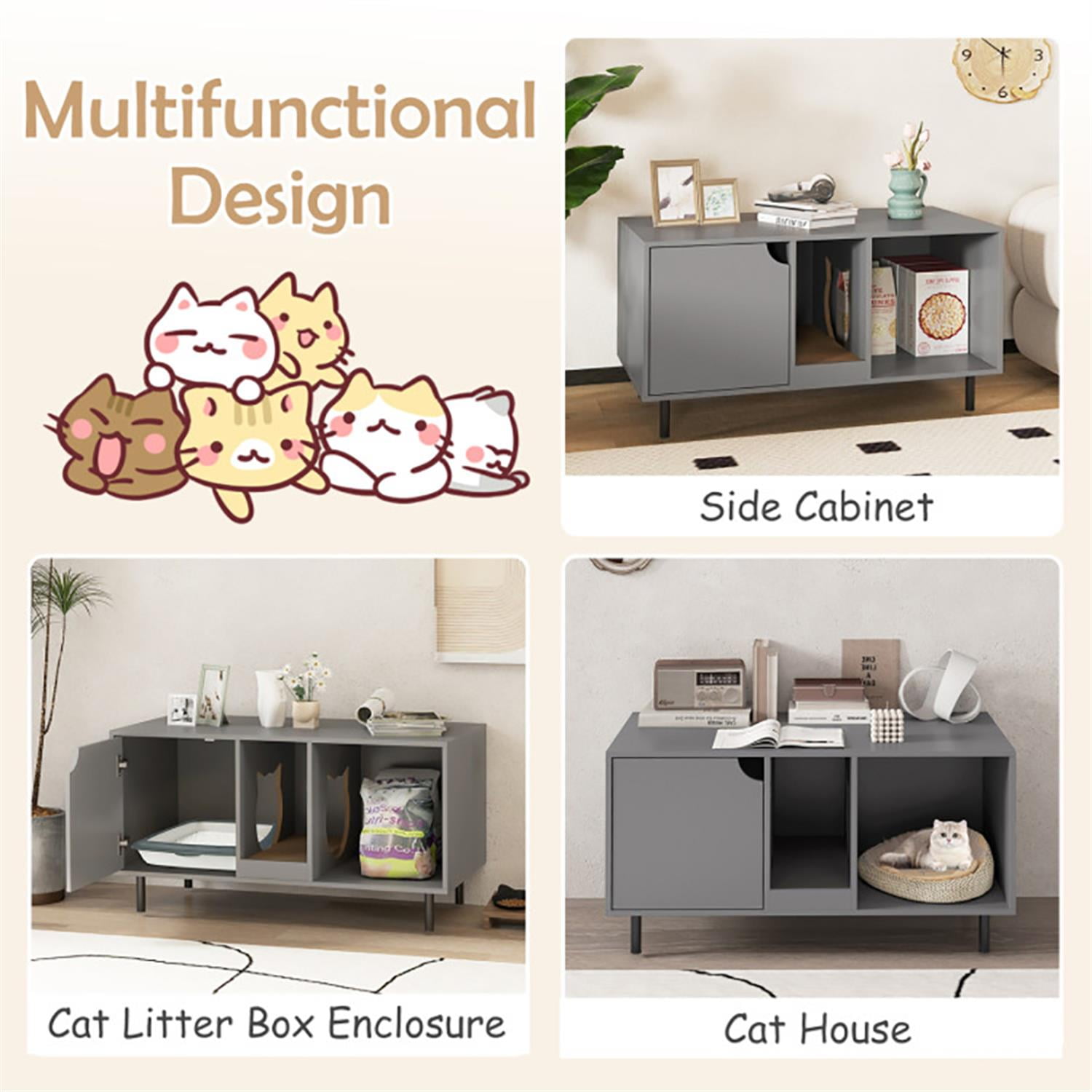 Kadyn 40" Cat Litter Box Enclosure Furniture with Scratching Board, Hidden Litter Box for Cats, Cat House Furniture for Side Table or Nightstand, Gray