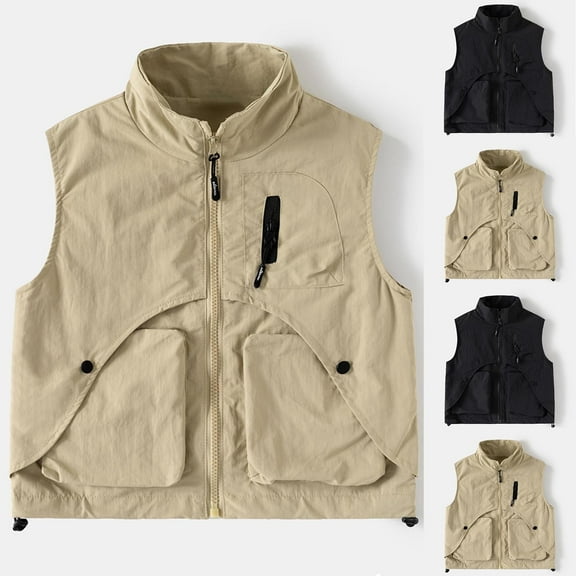 Fengqque Children's Stand Collar Sleeveless Vest Jacket Zipper with Multiple Pockets Loose Jacket Khaki 11 Years