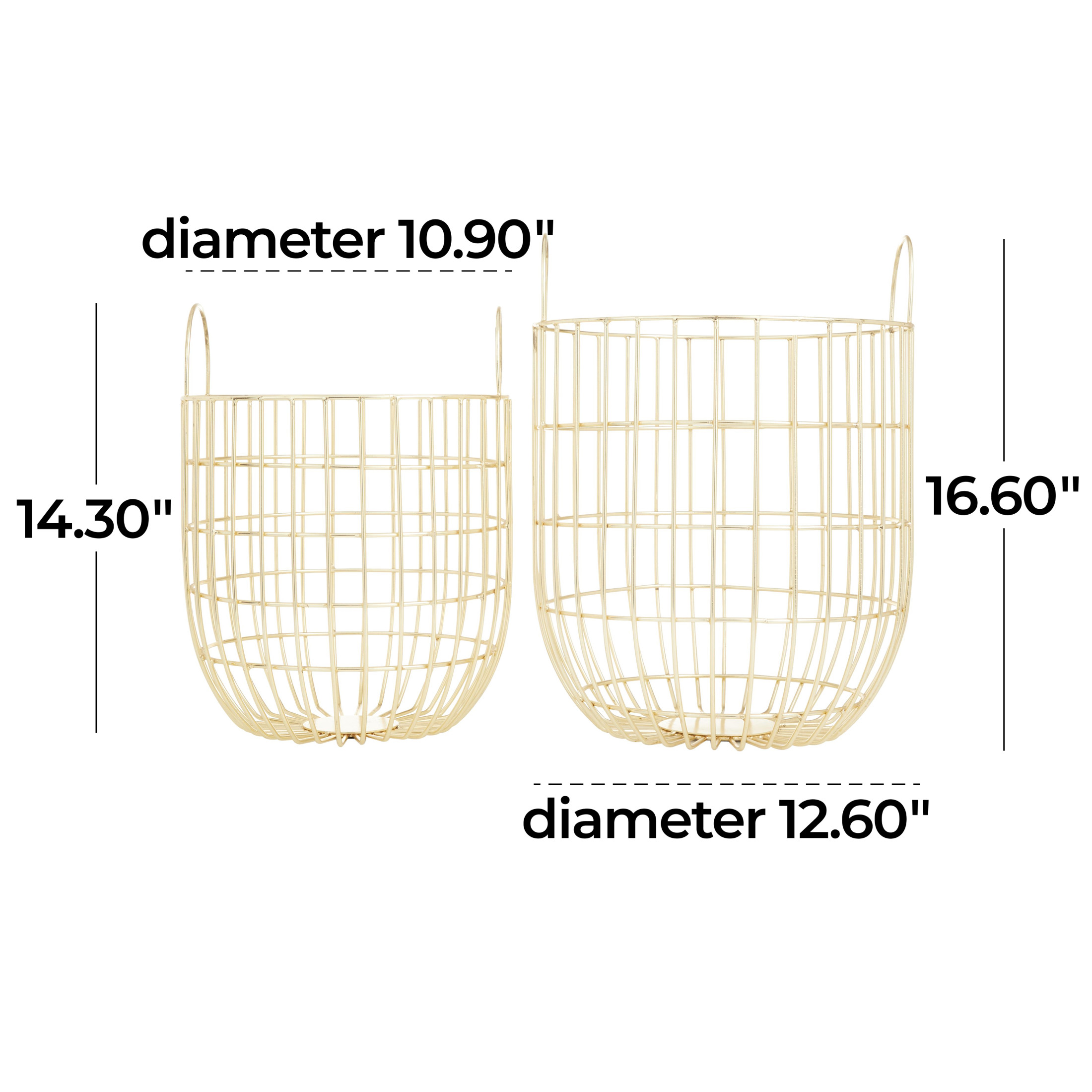 DecMode 13", 11"W Gold Metal Storage Basket with Arched Handles, 2-Pieces