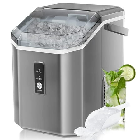 AGLUCKY Nugget Countertop Ice Maker with Soft Chewable Ice, 34Lbs/24H, Pebble Portable Ice Machine with Ice Scoop, Self-Cleaning, One-Click Operation, for Kitchen/Office/Party-Grey