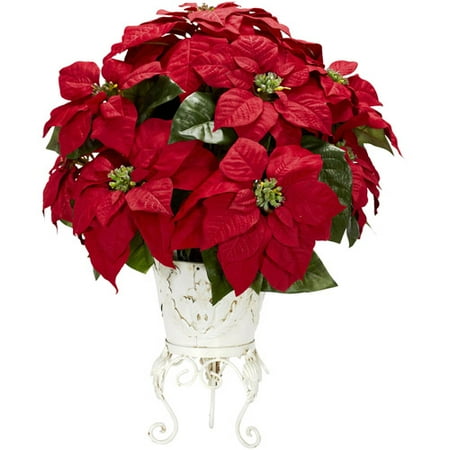 Natural Metal - Nearly Natural Poinsettia with Metal Planter Silk Flower Arrangement