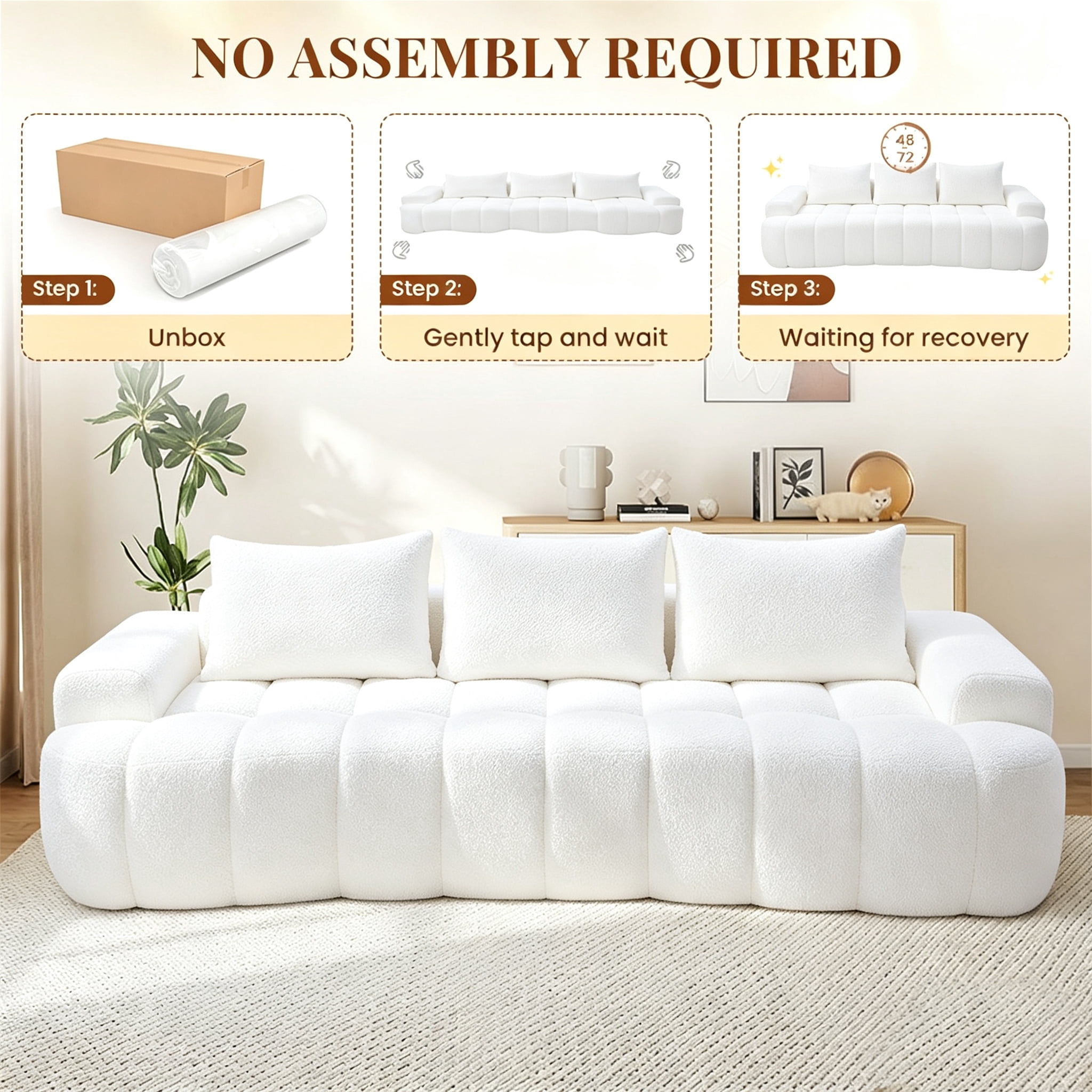 Aukfa 100" Oversized Boucle Cloud Sofa Deep Seat Boneless Couch with Curved Front for Living Room, Cream
