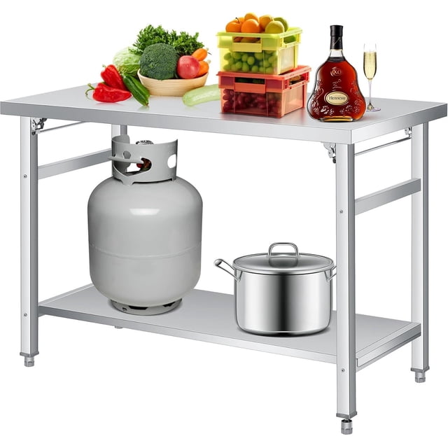 Bingirl Table de Préparation Commerciale Pliante à 2 Niveaux en Acier Inoxydable (36/48/60 Pouces) avec Tablette Inférieure Réglable et Roulettes Verrouillables, Établi en Métal Robuste Certifié NSF pour Cuisine, Restaurant et Garage