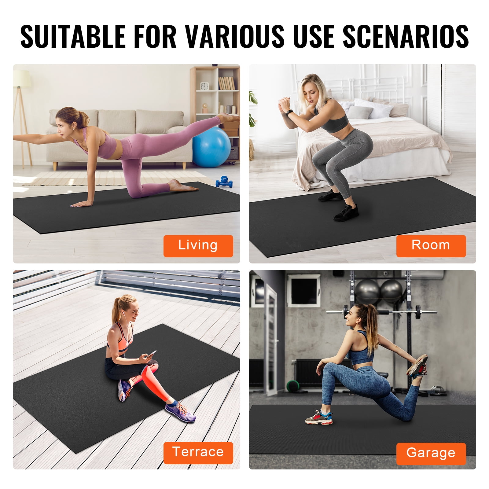 VEVOR Exercise Mat, Non Slip High Density Premium Yoga Mat, Exercise Yoga Mat for Men & Women, Fitness & Exercise Mat with Bag & Carry Strap, for All Types of Home Yoga, Floor Workout (8x6ft)