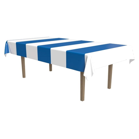Beistle Stripes Tablecover, 54 by 108-Inch, Blue/White