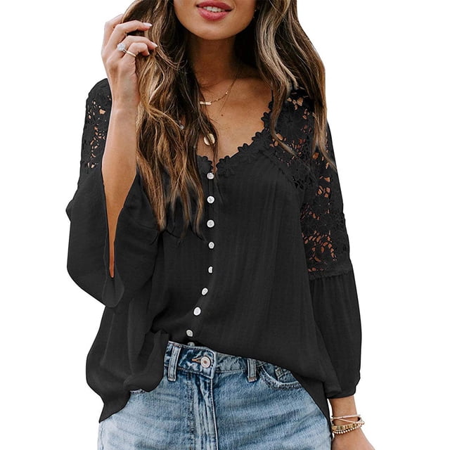 Qarigey Camisa de mujer Blusa de encaje con cuello en V Camisa de color sólido V Botón de manga larga Top Prendas para la parte del cuerpo Negro M