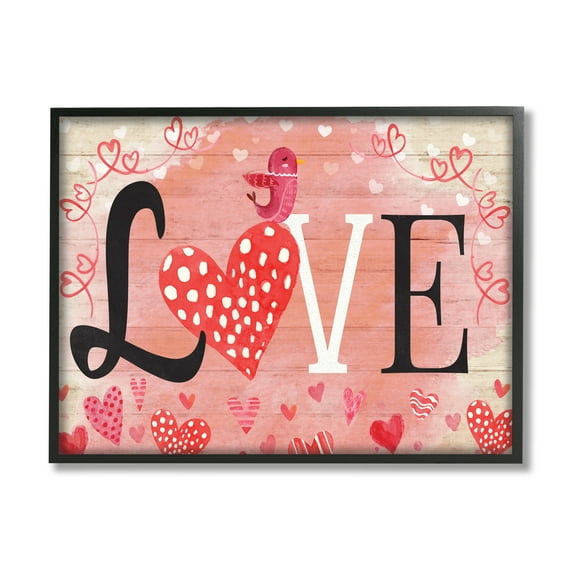 Stupell Romantic Love Patterned Hearts Bird Holiday Painting Black Framed Art Print Wall Art