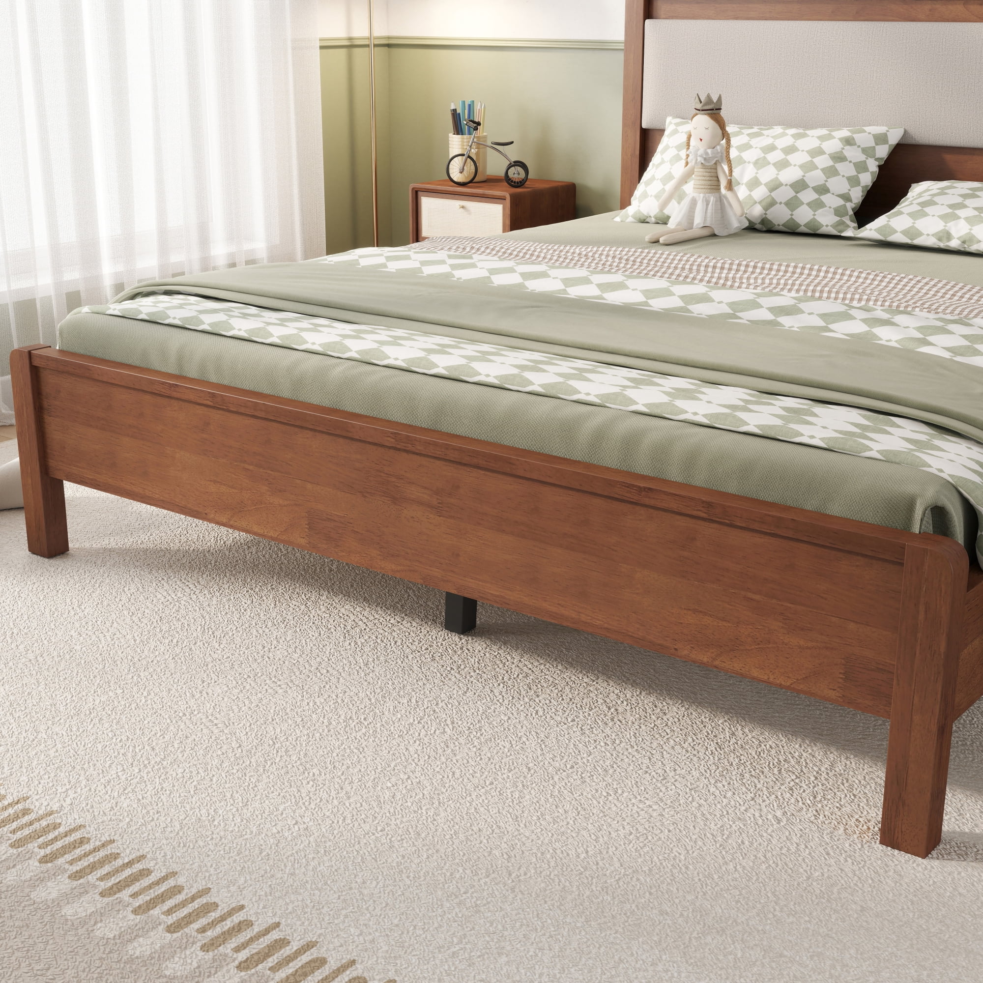 HOQBN Queen Solid Rubberwood Bed Frame with Upholstered Headboard, Reinforced Central Support Legs for Bedroom Brown