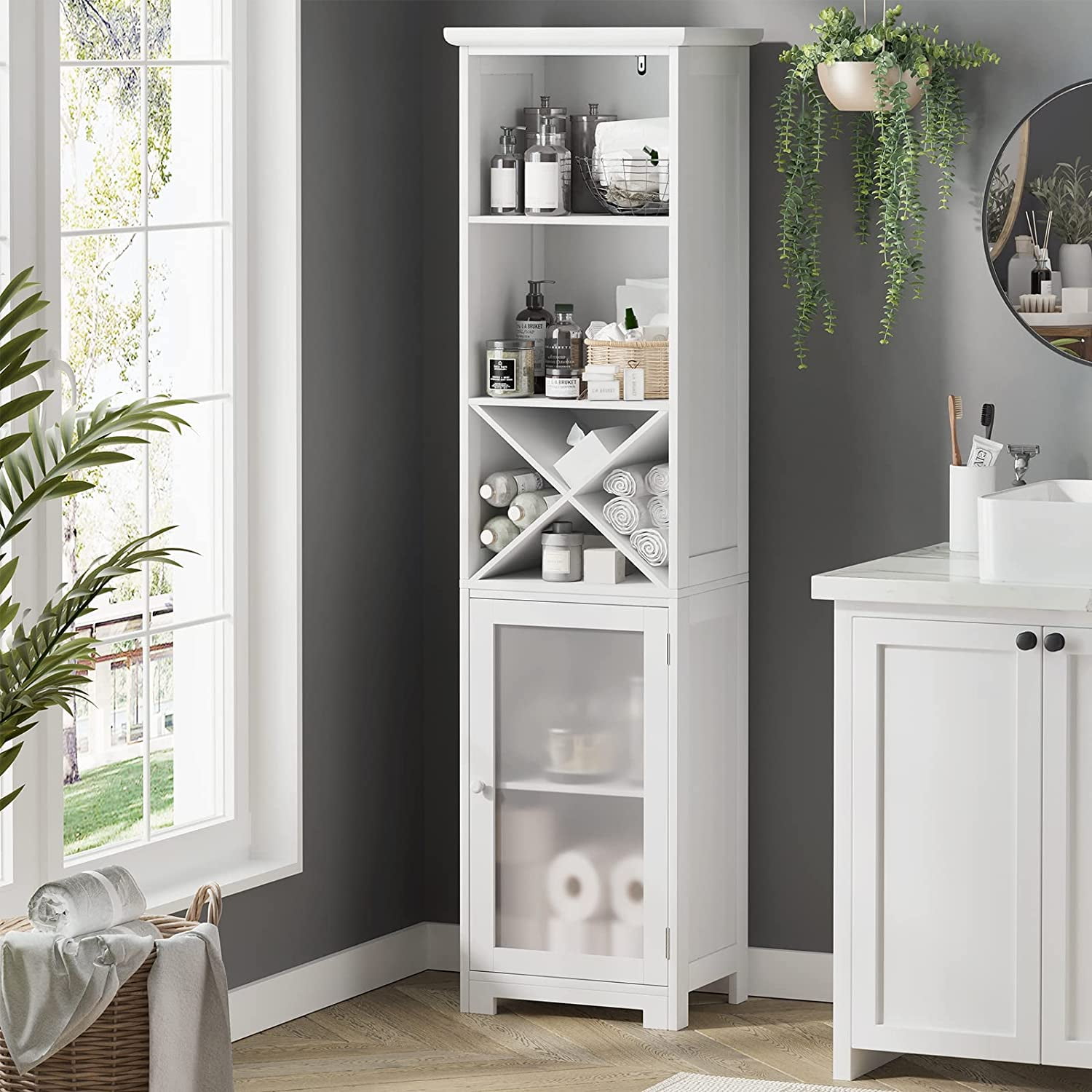 Homfa Bathroom Storage Cabinet, White Linen Cabinet, Narrow Tall Cabinet  Storage Tower with Door and Drawer 