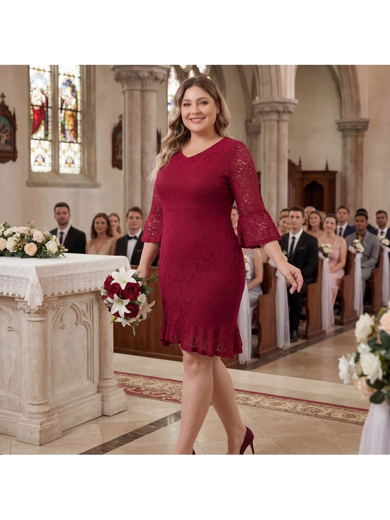 Agnes Orinda Women's Plus Size Wedding Formal Dresses Engagement V Neck Fla Sleeve Ruffle Hem Lace Cocktail Bodycon Dress 3X Burgundy Agnes Orinda Women's Plus Size Wedding Formal Dresses Engagement V Neck Fla Sleeve Ruffle Hem Lace Cocktail Bodycon Dress 3X Burgundy