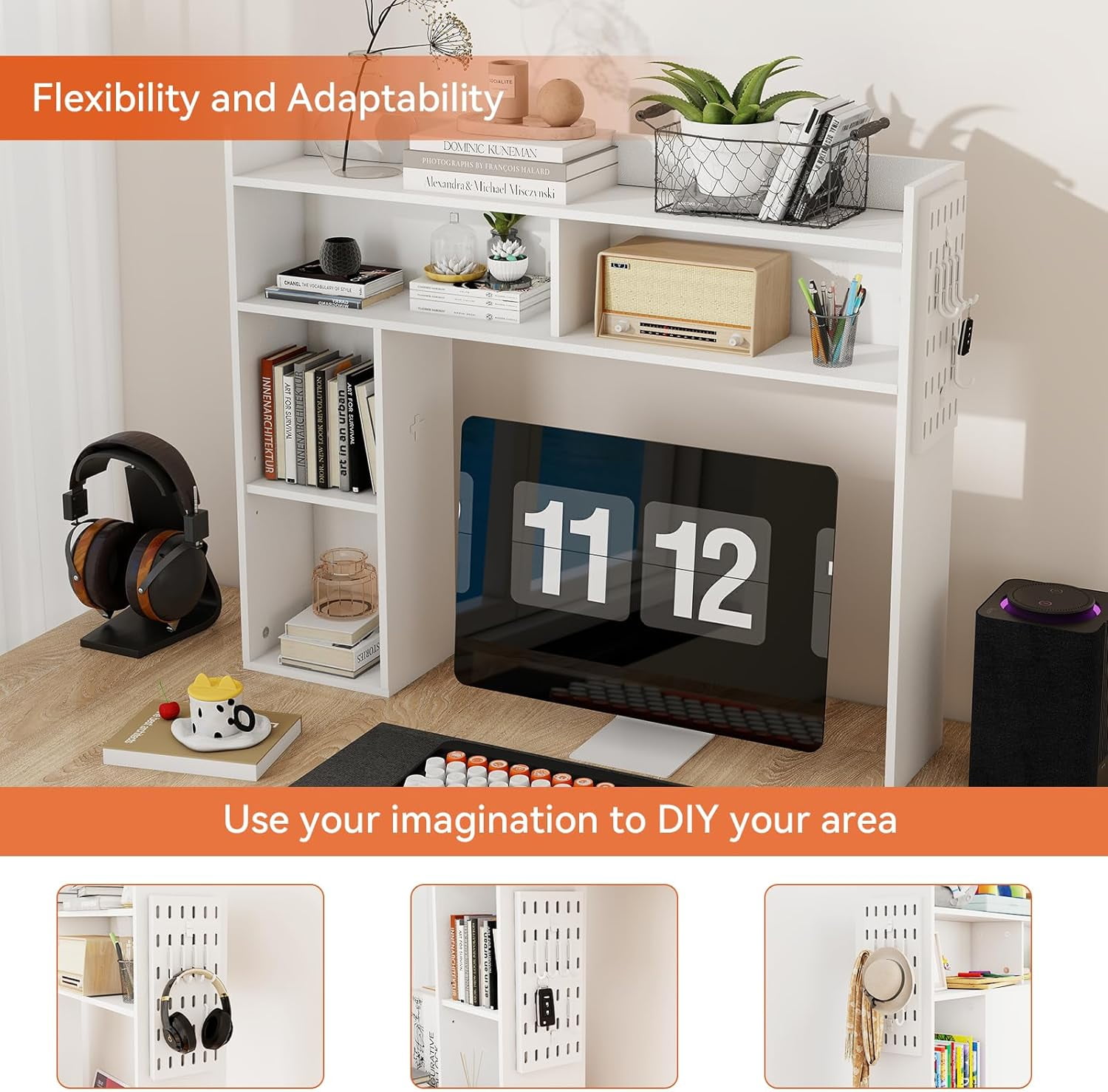 PULUOMIS Desktop Bookshelf, Desk Shelf for Computer Desk, 33.46" 5-Tier Adjustable Desktop Hutch Organizer with Pegboard for Home Office, White