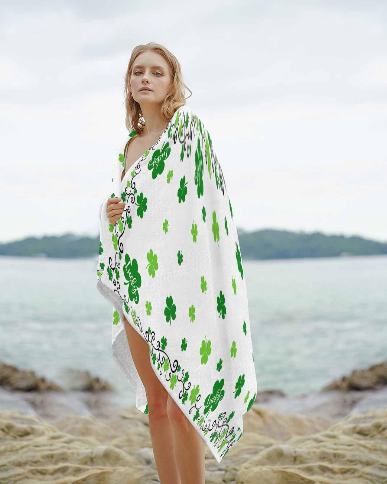 Shamrocks, Beach Towels Oversized Super Absorbent, Saint Patricks Day Green Clover Green White Lightweight Bath Towel Quick Dry Sets For Bathroom/Pool/Rv Camping/Beach Play/Gym Room/Picnic 35"x70"