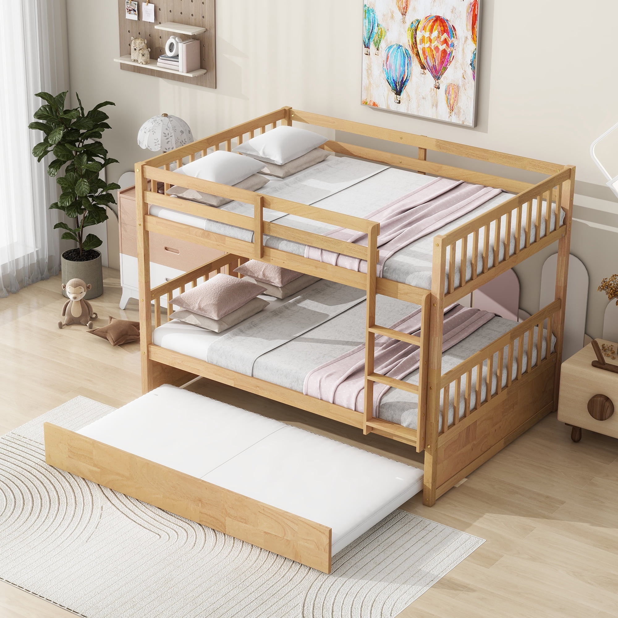 Leumius Full Over Full Size Bed Frame with Trundle, Ladder and Guardrails, Convertible to 2 Full Size Beds, Rubber Wood Bed with Twin Size Trundle for Boys Girls Natural