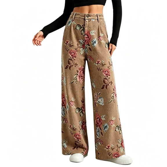 Cekizud Pants for Women Floral Print Bohemian Flowy Loose Wide-Leg Retro Denim Jeans,Sizes S-5XL