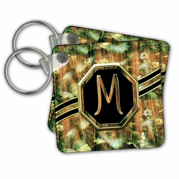 3dRose, Elegant Camouflage Monogram Letter M Faux Gold Wood Grain Image, set of 2 Key Chains