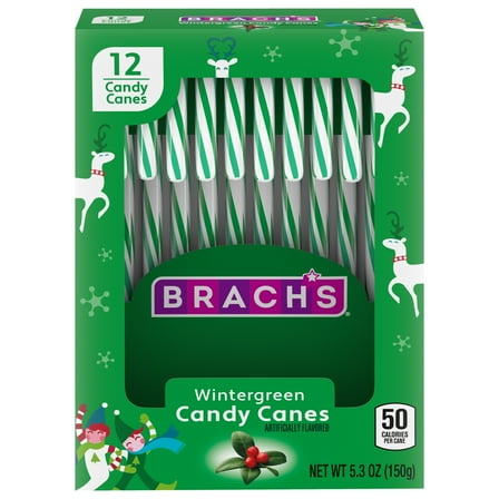 Brach's Wintergreen Christmas Candy Canes, Stocking Stuffers for Kids, Minty Twist on a Holiday Classic, Holiday Christmas Candy, 5.3 oz, 12ct Box