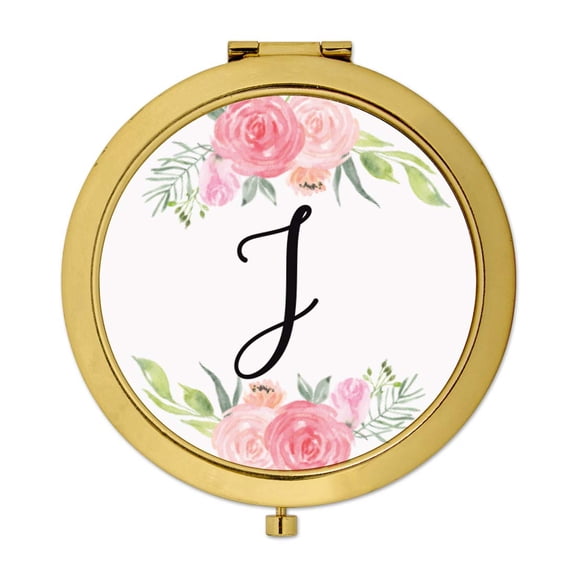 Koyal Wholesale Compact Mirror Bridesmaid's Wedding Gift, Gold, Monogram Letter J, Peach and Pink Roses, 1-Pack