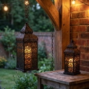 Temple Moroccan Style Lantern Decorative Candle Holder for Home Decor, Black, Set of 2
