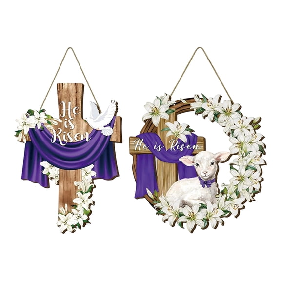 2PCS Front Door 12.6 Inch Wooden He Is Risen Cross Sign 2D Flat Easter Decorations for Christian Home Wall Display