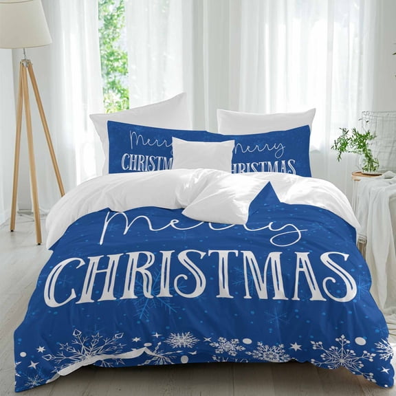 Merry Christmas 4 Piece Duvet Cover Set Queen Size Winter Snowflake Blue Soft Bedding Set Comforter Cover, 1 Duvet Cover 1 Flat Sheets and 2 Pillowcases