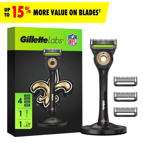 Gillette Labs Official Saints Licensed Razor for Men, Perfect for Game Day Grooming, Gillette Labs with Exfoliating Bar, 1 Handle, 4 Blade Refills, with Magnetic Stand