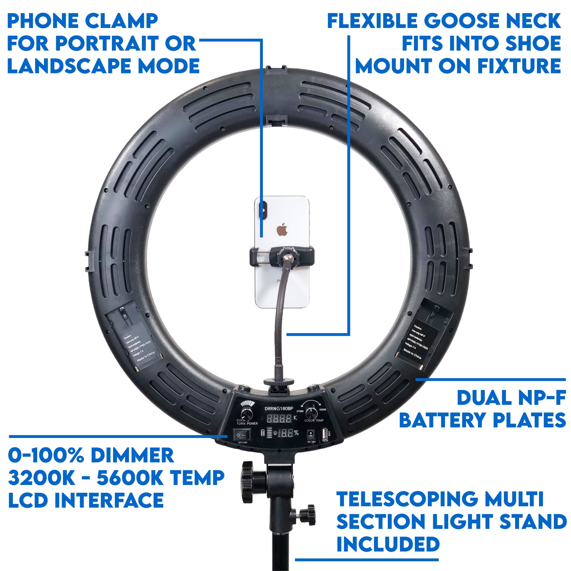 Dracast Halo Plus Series 180 Bicolor LED Ring light with Stand Kit