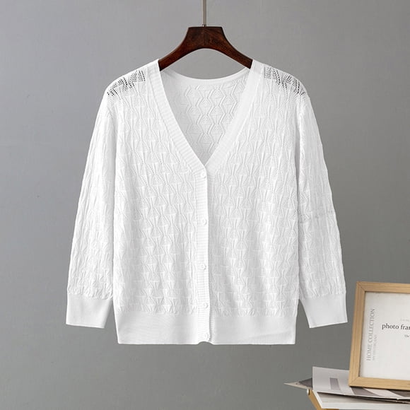 EQWLJWE Summer Saving Clearance ! Women’s 2023 3/4 Sleeve Cardigans Button Down Boleros Sweaters Lightweight Hollowed-Out Knit Shrugs for Dresses