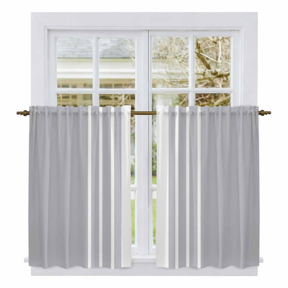 Light Grey Striped Tier Curtains, White Simple Neutral Modern Light Filtering Kitchen Curtains, 2Pcs Rod Pocket Half Window Treatments Panels for Sink Cafe Cabinet Basement 27.5x45 Inches