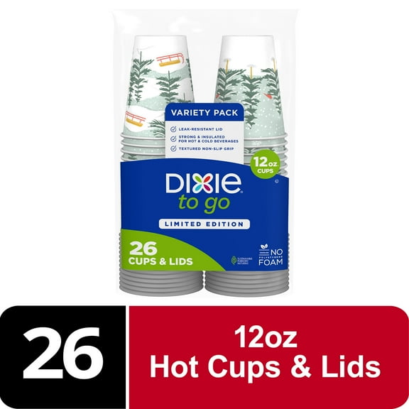 Dixie To Go Winter Design Disposable Paper Cups, 12 oz, Multi-Color, 26 Count