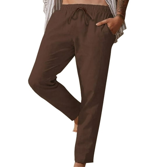 Eashery Men Pants Casual Linen Pants Loose Fit Straight Legs Elastic Waist Trousers Summer Beach Yoga Pleated Dress Pants Match Mens Wild Cargo Pants (Brown,XL)