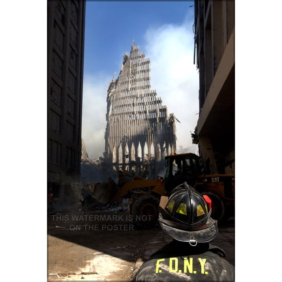 24"x36" Gallery Poster, New York City fireman p1 looks up at the remains of the South Tower