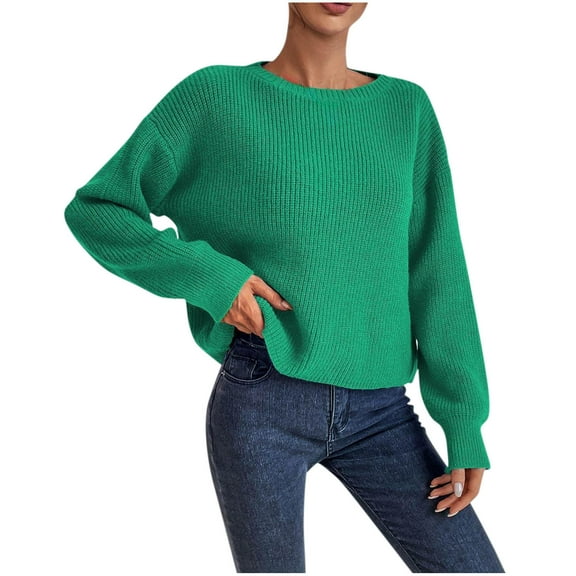 Womens Casual Crewneck Crop Sweater Lantern Long Sleeve Solid Color Knit Pullover Shirt Soft Lightweight Loose Top