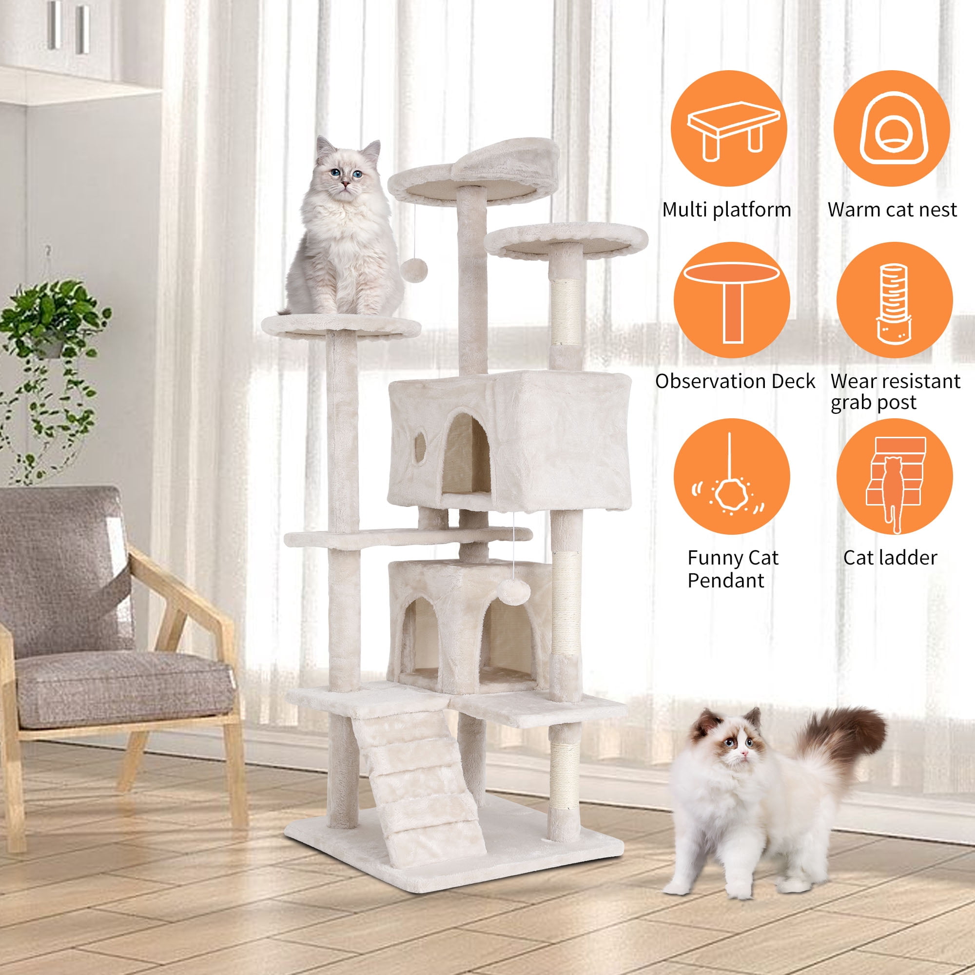 Dkelincs 54 inch Cat Trees and Towers for Indoor Cats, Cat Condo Scratching Post for Adult Cats, Multi-Level Cat Towers for Small Cats, Beige