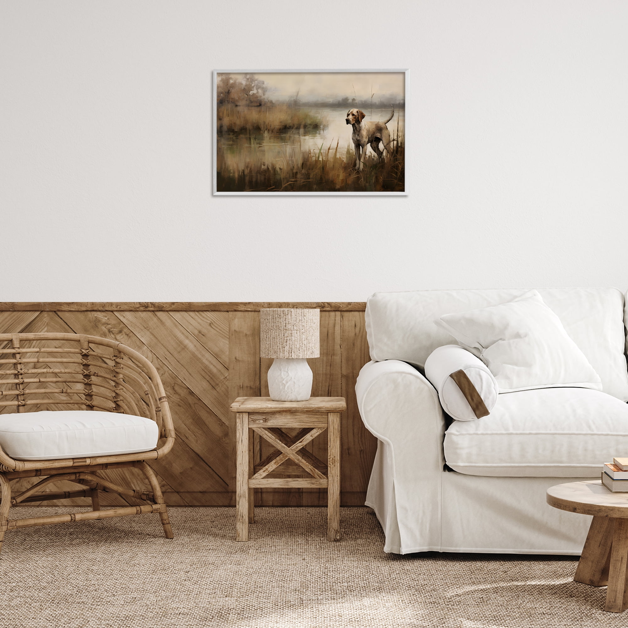 Stupell Industries Hunting Dog in Nature Landscape Painting White Framed Art Print Wall Art, 24 x 16
