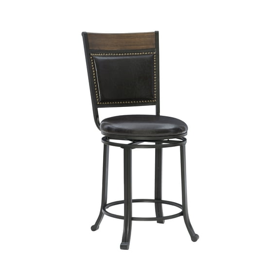 Powell Holloway 24" High Back Indoor Rund Metal Counter Stool with Swivel, Black/Dark Brown Faux Leather