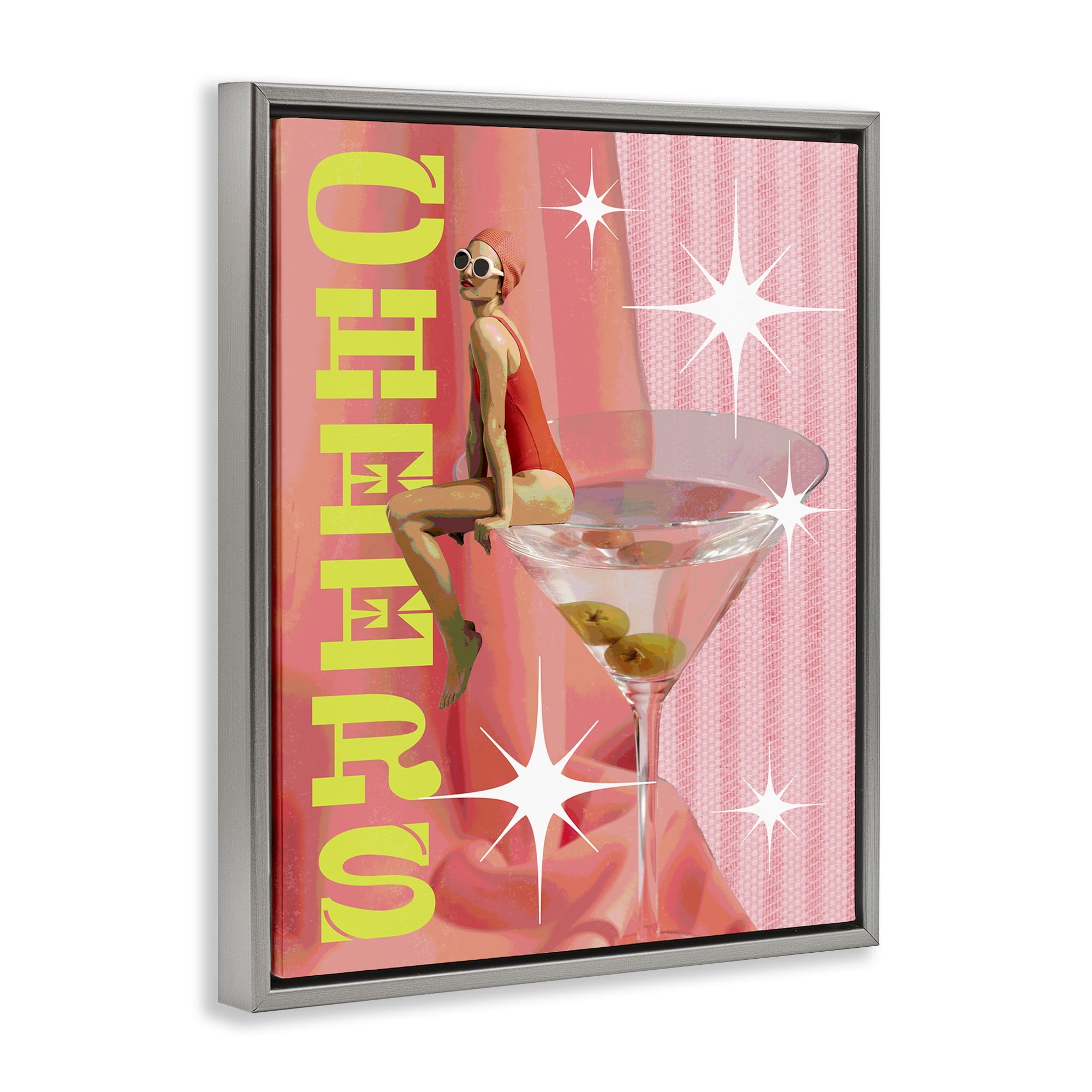 Stupell Industries Cheers Retro Drink & Swimmer Food & Beverage Painting Gray Floater Framed Canvas Art Print Wall Art, 17 x 21